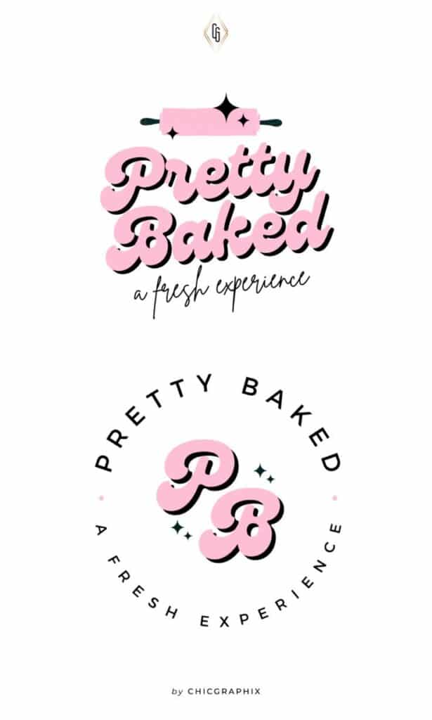 Pretty Baked logo with pink lettering and rolling pin, tagline 'a fresh experience' by Chicgraphix.
