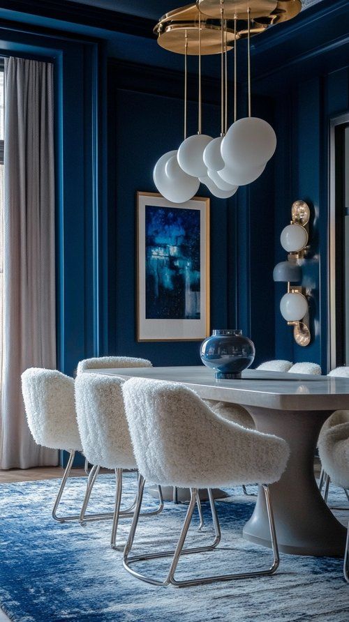 Luxurious dining room with modern lighting, blue walls, stylish white chairs, and elegant decor accents.