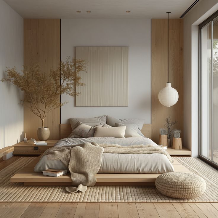 Minimalist bedroom with warm tones, wooden decor, and natural lighting creating a tranquil and cozy atmosphere.