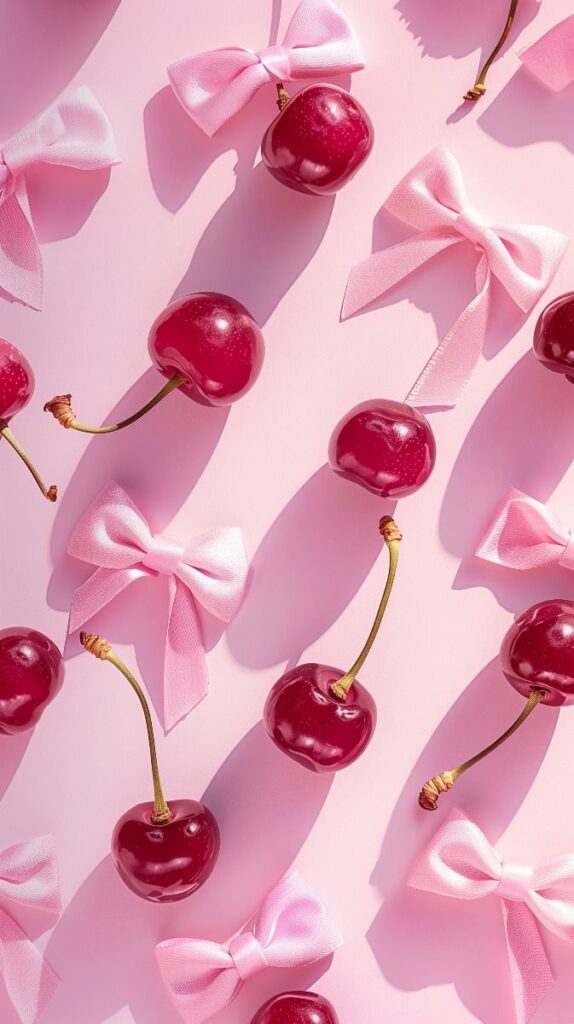 Fresh cherries and pink bows on a pastel pink background, creating a charming and colorful aesthetic.