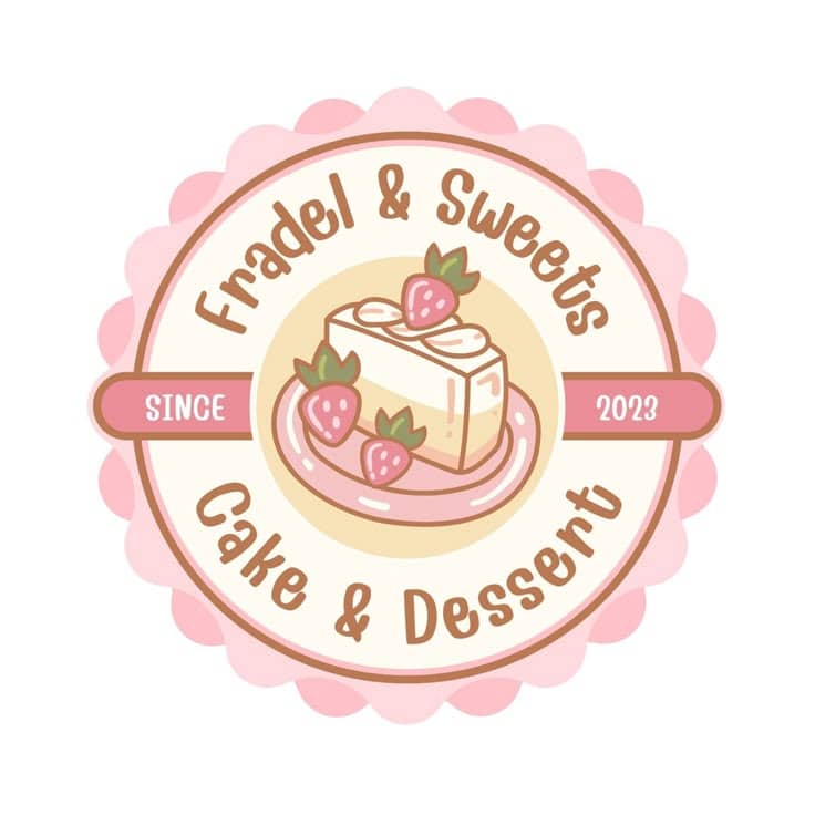 Logo of Fradel & Sweets Cake & Dessert, with a strawberry cake illustration, established in 2023.