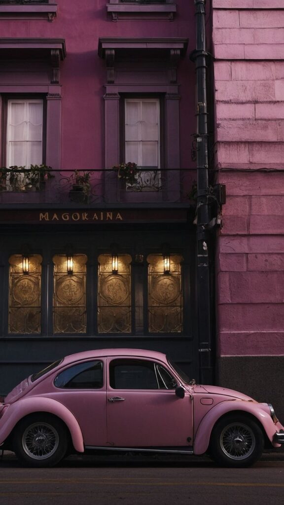 Vintage pink car parked in front of a purple building with glowing windows at dusk.