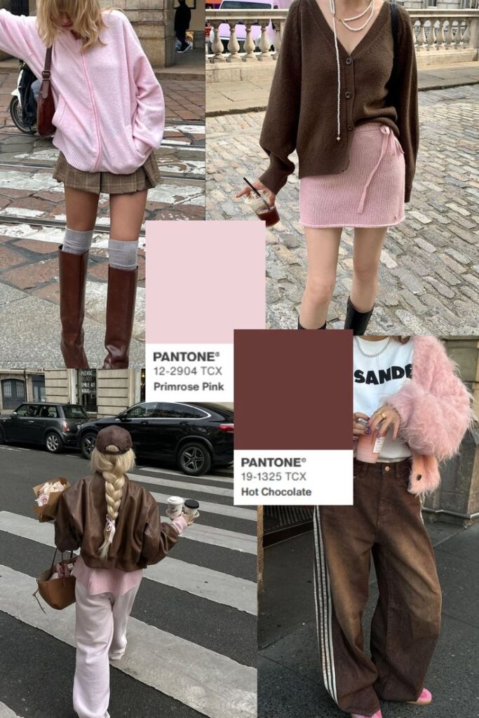 Fashion collage featuring outfits in Pantone Primrose Pink and Hot Chocolate shades, street style inspiration.