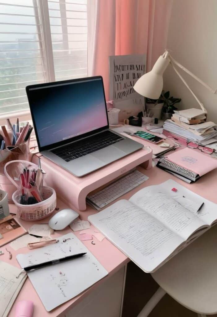 Cozy home office desk with laptop, books, and stationery, set against a pink theme. Ideal for productivity and study.