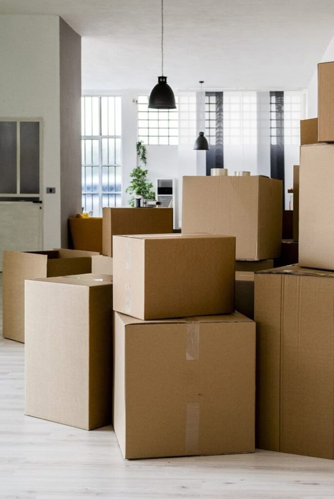 Plan an organized and easier move with this moving Cardboard boxes stacked in a modern living room, ready for moving or storage. | Sky Rye Design Cardboard boxes stacked in a modern living room, ready for moving or storage.