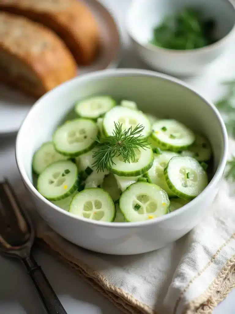 Fresh cucumber salad garnished with dill in a white bowl, with bread and herbs in the background. Perfect for light meals.