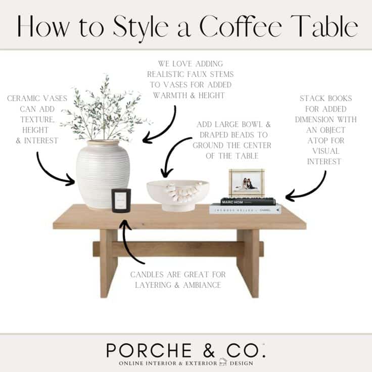 How to style a coffee table with vases, books, candles, and decorative bowls for added texture and visual interest.