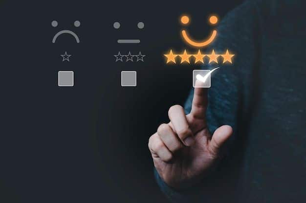 User giving a 5-star rating with a happy face icon, highlighting positive feedback and satisfaction.