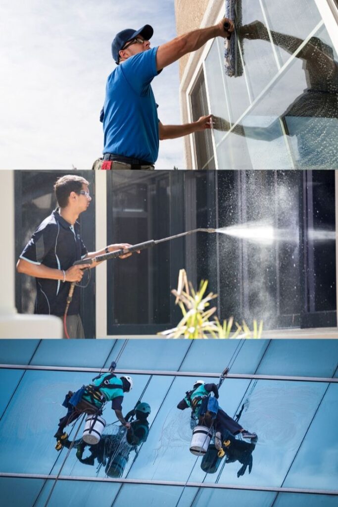 Professional window cleaning: residential, pressure washing, and high-rise services.