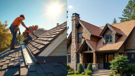 Protect Business with Roofing Services Roofers installing shingles on a sunny day; cozy house with new roof surrounded by trees. | Sky Rye Design Roofers installing shingles on a sunny day; cozy house with new roof surrounded by trees.