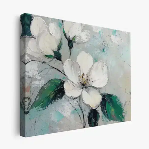 White flowers and green leaves on textured canvas with light blue and grey background. Elegant floral artwork.