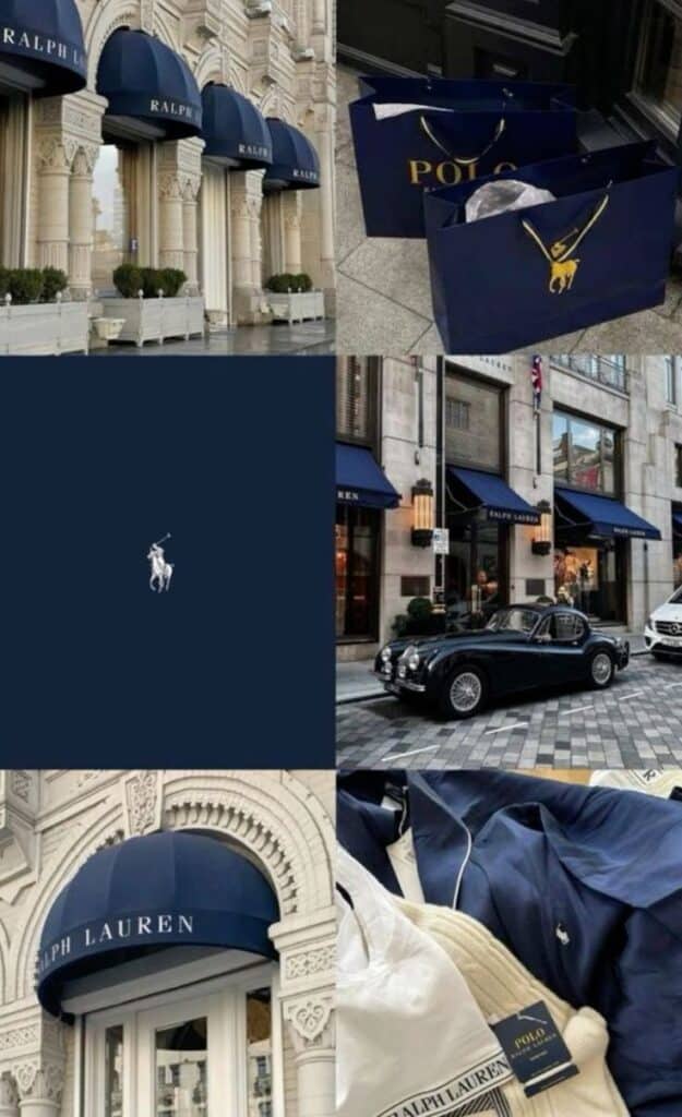 Collage of Ralph Lauren storefronts, shopping bags, and branded clothing with classic car parked outside.