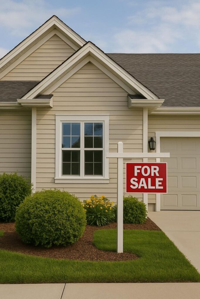 House for sale with lush garden and For Sale sign in front of beige siding and a garage.