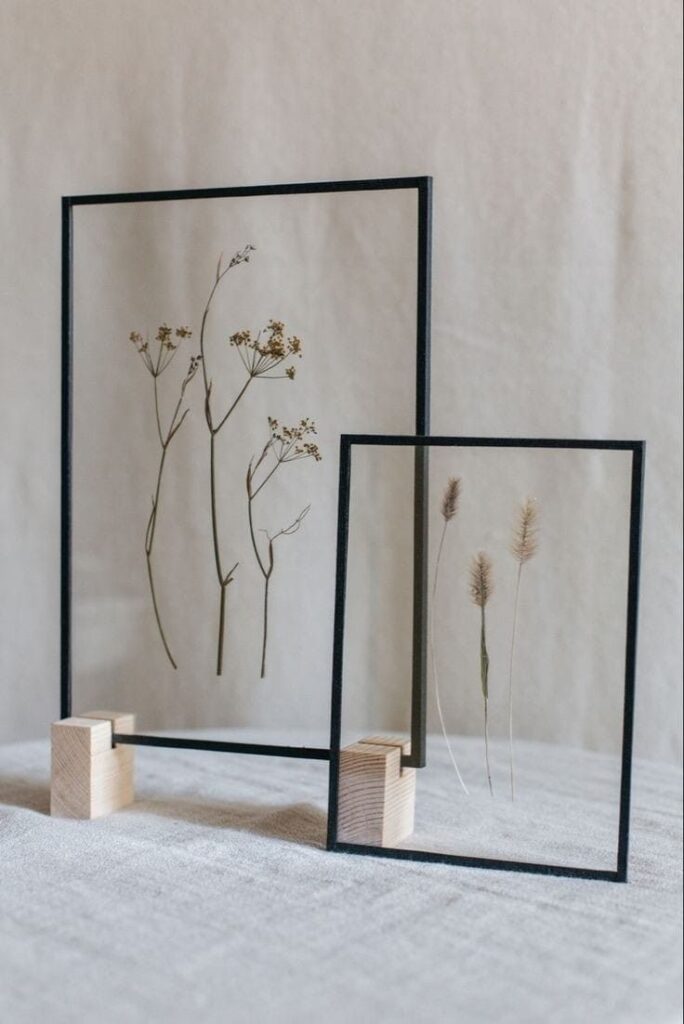 Framed pressed flowers in minimalist display, artistic botanical decor on beige background.