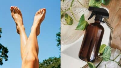 Relaxing sunny day with feet in the air and eco-friendly spray bottle on a table with greenery.
