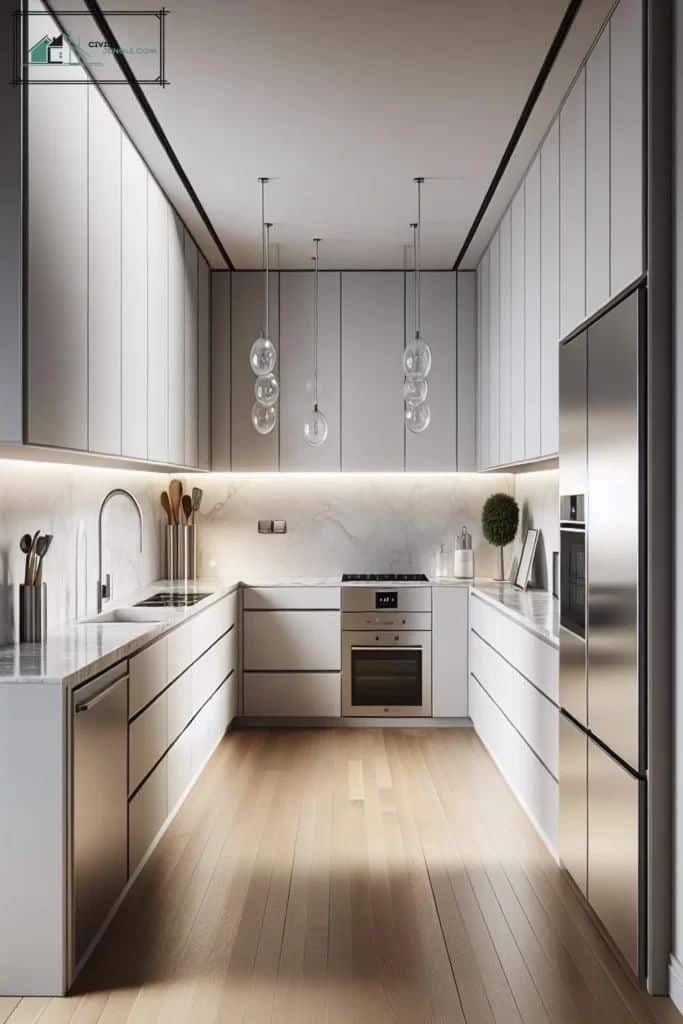 Modern kitchen with minimalist white cabinets, stainless steel appliances, marble countertops, and wood flooring.