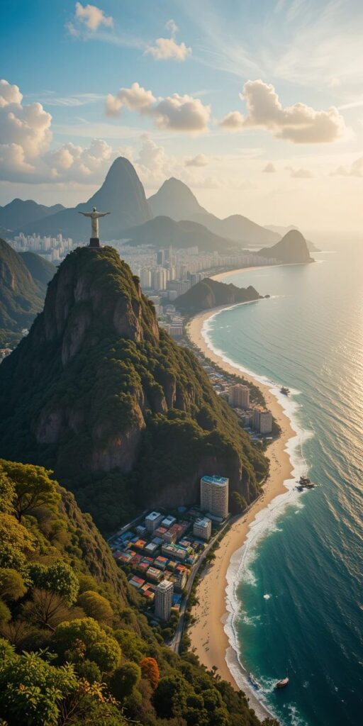 Aerial view of Christ the Redeemer overlooking Rio de Janeiro, with Sugarloaf Mountain and scenic coastline.