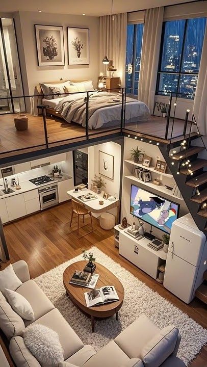 Modern loft apartment with open-plan living area, stylish kitchen, and cozy bedroom overlooking cityscape at night.