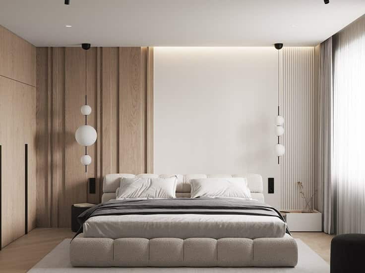 Minimalist bedroom with modern bed, wooden accents, and soft lighting, creating a serene and stylish ambiance.