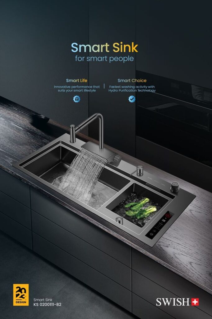 Modern smart sink with hydro purification technology and sleek design for innovative kitchen solutions.