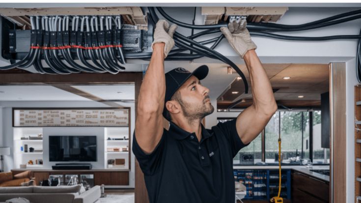 Technician installing cables in modern home ceiling, wearing gloves and cap, focused on wiring work.