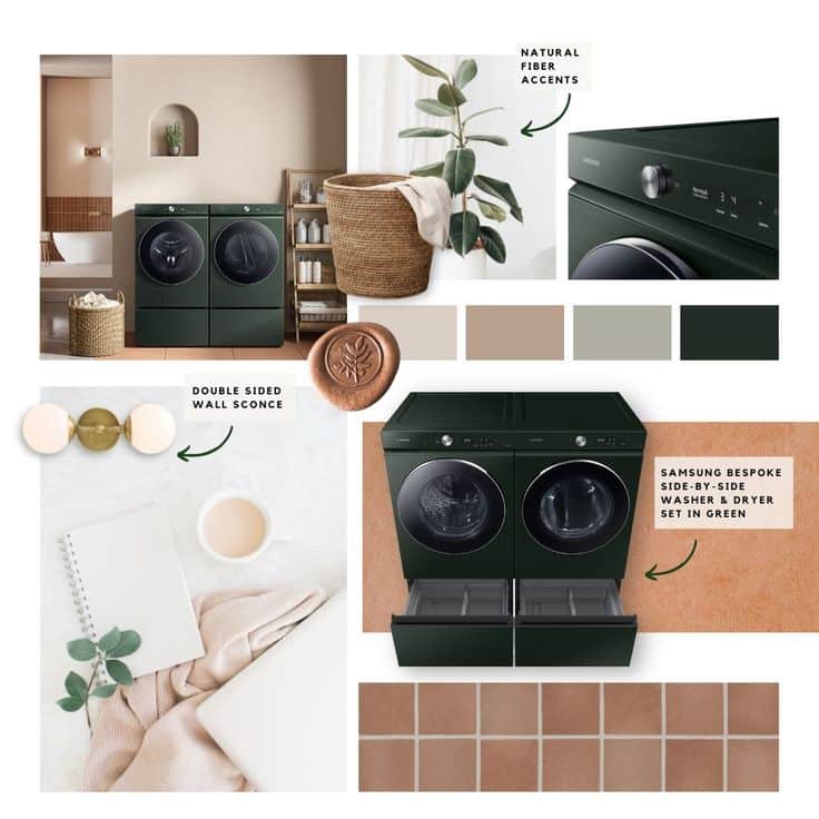 Samsung Bespoke washer and dryer in green, with natural accents, wall sconce, and design elements in a mood board.