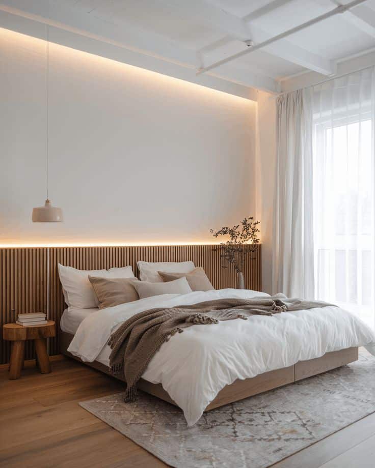Modern bedroom with cozy bed, neutral colors, wooden accents, soft lighting, and stylish decor.