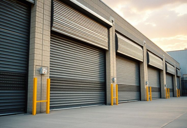 Row of industrial roller shutter doors on a commercial building at sunset, with yellow safety poles in front.
