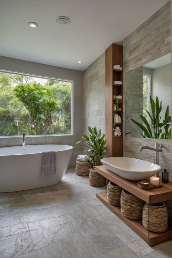 Modern bathroom with large window, white bathtub, plants, and wooden shelves for a relaxing organic spa feel.