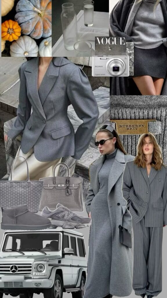 Shades of gray color trending fall_autumn 2024 Chic autumn fashion collage with gray tones, featuring stylish outfits, accessories, and a Mercedes SUV. | Sky Rye Design Chic autumn fashion collage with gray tones, featuring stylish outfits, accessories, and a Mercedes SUV.