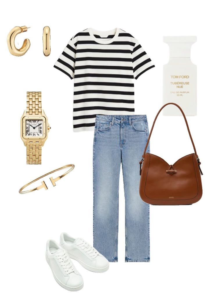 Shop Cotton T-shirt - Black - Ladies and other Casual chic outfit with striped tee, jeans, sneakers, gold accessories, brown bag, and perfume. Fashion flat lay. | Sky Rye Design Casual chic outfit with striped tee, jeans, sneakers, gold accessories, brown bag, and perfume. Fashion flat lay.