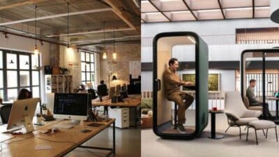 Modern coworking space with open desks and private pods for focused work, showcasing flexible and creative office design.
