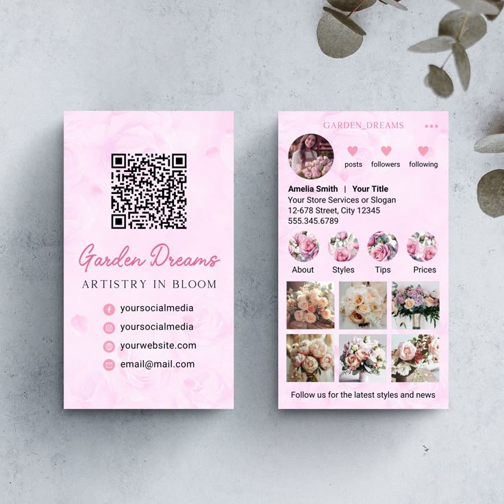 Business card and social media layout for Garden Dreams, featuring floral designs and contact information.