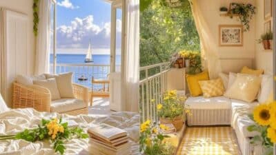 Cozy seaside bedroom and sunlit balcony with flowers, featuring nautical and nature-inspired decor for relaxation.