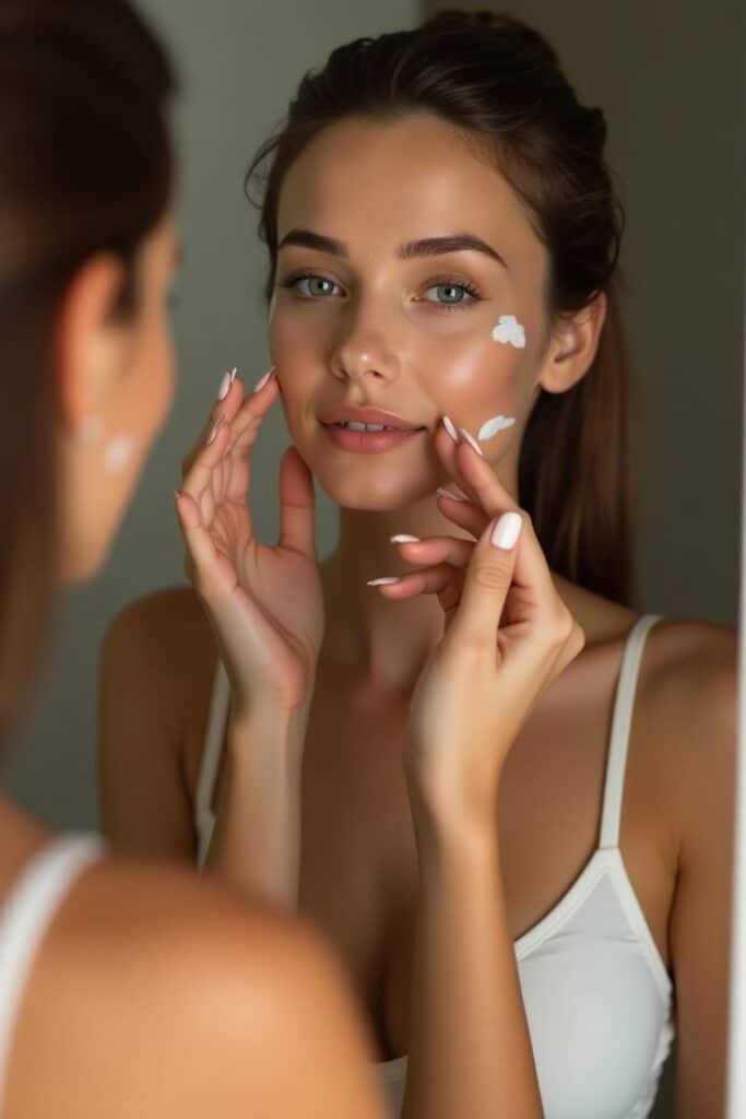 Woman applying facial cream, reflecting in mirror, skincare routine.