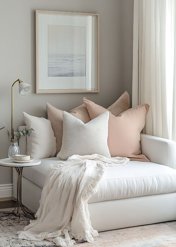 Small Bedroom Ideas_ Styling Tips for Compact Spaces - Our Happy Corner Stylish cozy living room corner with neutral cushions, a framed artwork, and soft throw blanket on a white sofa. | Sky Rye Design Stylish cozy living room corner with neutral cushions, a framed artwork, and soft throw blanket on a white sofa.