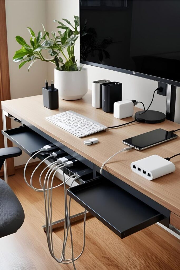 Minimalist desk setup with a keyboard, monitor, smartphone, and potted plant, featuring organized charging cables.