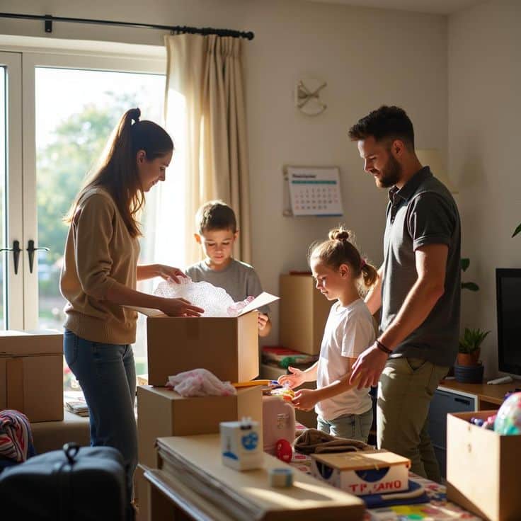 Smooth Moves Ahead_ Mastering Local Moving with Kids Family unpacking boxes in a sunlit living room, sharing a moment of togetherness and excitement in their new home. | Sky Rye Design Family unpacking boxes in a sunlit living room, sharing a moment of togetherness and excitement in their new home.