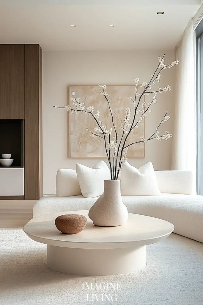 Minimalist living room with a white sofa, round table, and decorative vase with branches. Modern neutral decor.