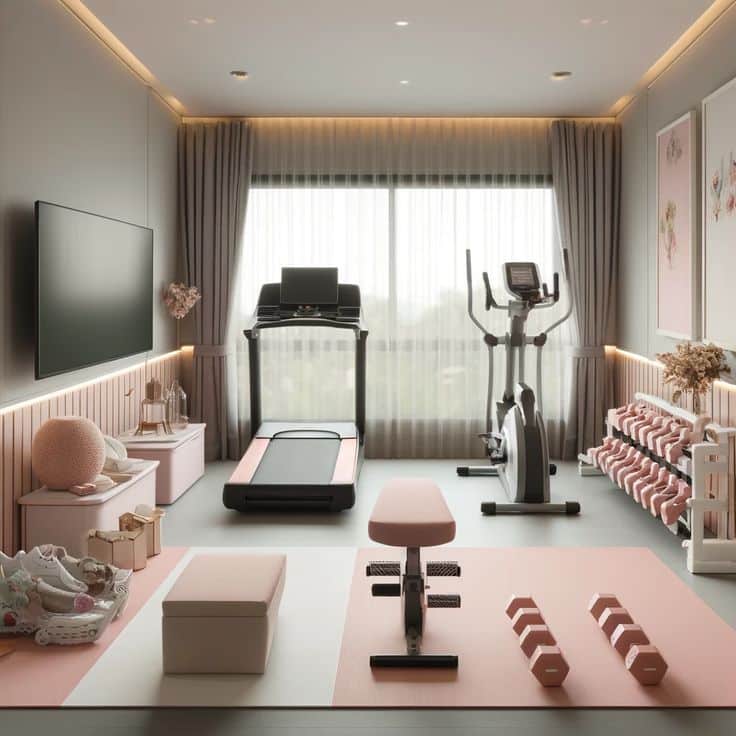 Modern pastel home gym with treadmill, elliptical, weights, TV, and chic decor. Bright space for exercise and relaxation.