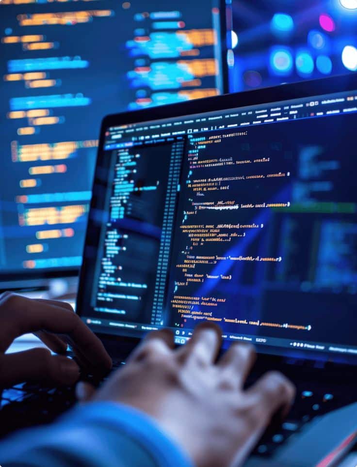 Hands typing on a laptop with colorful code on screen, illustrating software development and programming.