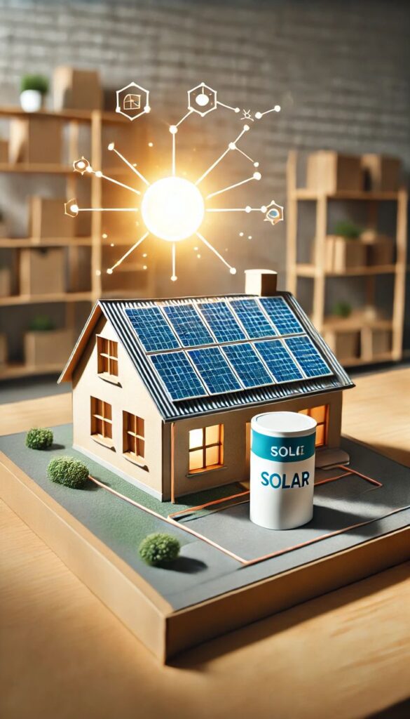 Solar energy Model house with solar panels and battery, representing sustainable energy solutions. | Sky Rye Design Model house with solar panels and battery, representing sustainable energy solutions.