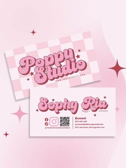 Pink business card template with Poppy Studio and Sophy Ria designs, editable in Canva, instant download.