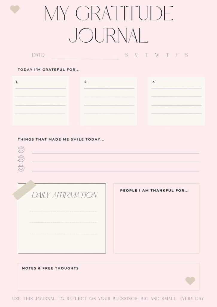 Gratitude journal template with sections for daily affirmations, thankfulness, and notes on a pink background.