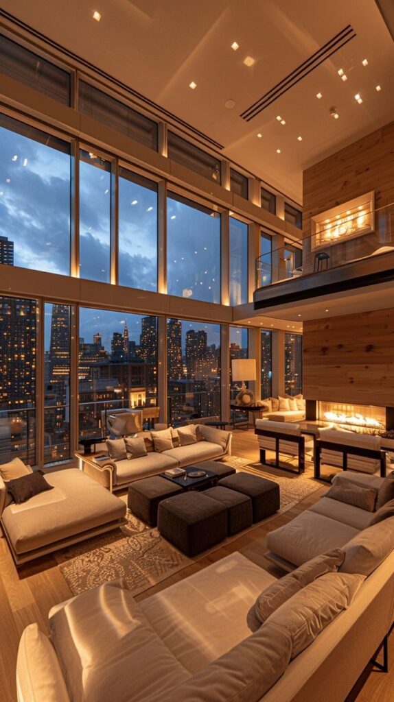 Luxurious modern living room with city skyline view through floor-to-ceiling windows and elegant lighting in the evening.
