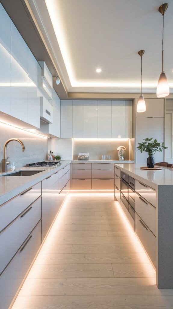 Modern kitchen with white cabinets, under-cabinet lighting, island, pendant lights, and sleek appliances.
