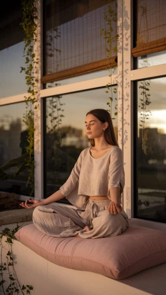 Woman meditating indoors, sitting on a cushion in a sunlit room with plants, wearing comfortable beige clothing.