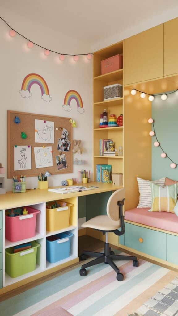 Stylish Bedroom Office Ideas for Kids Studies Colorful kids' study area with organized shelves, desk, and cheerful rainbow decor. Ideal for creativity and learning. | Sky Rye Design Colorful kids' study area with organized shelves, desk, and cheerful rainbow decor. Ideal for creativity and learning. Functional and Fun Kids’ Room