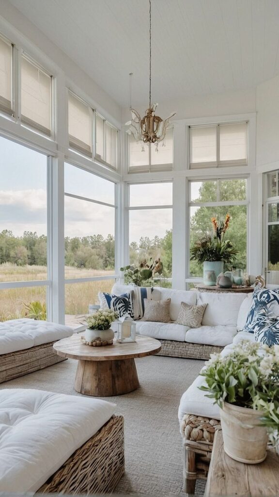Cozy sunroom with large windows, wicker furniture, and greenery, offering a serene nature view.