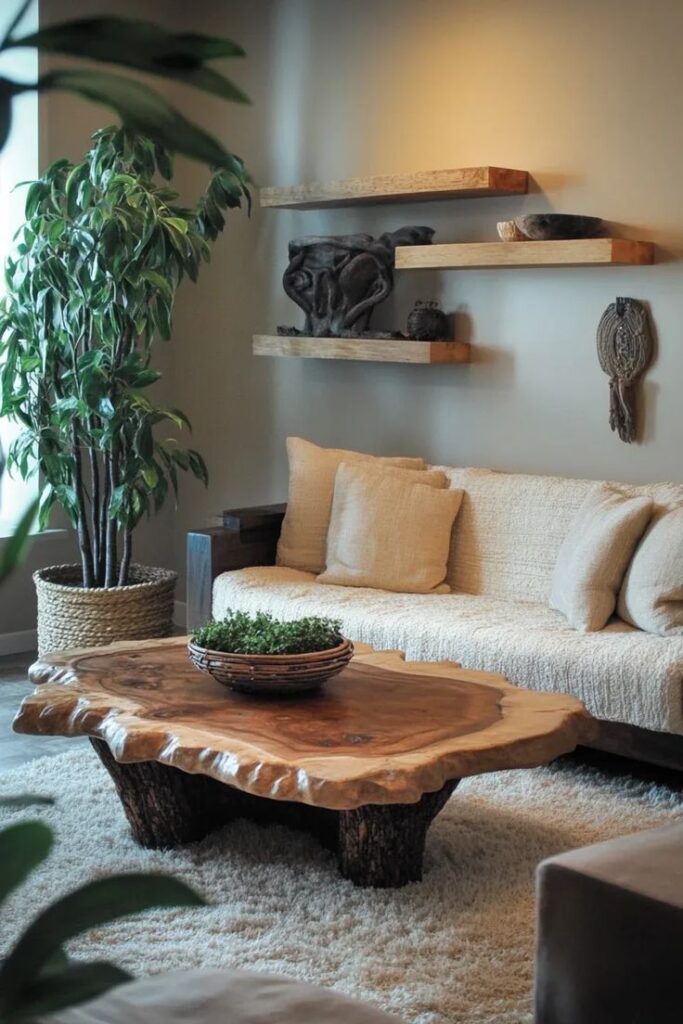 Cozy living room with rustic wooden coffee table, beige sofa, green plant, and floating shelves on a neutral wall.